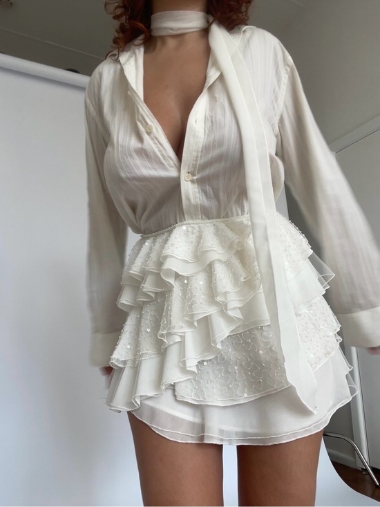 Dyspnea Dresses & Skirts - NWT Dyspnea Petalè White Hand Beaded Sequin Tiered Ruffle Mini Skirt